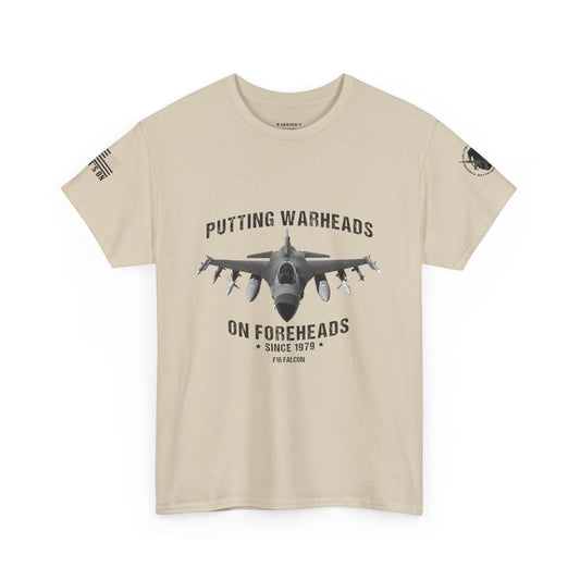 F-16 Falcon Heavy Cotton Tee Warheads on Foreheads Patriot Shirt - Light