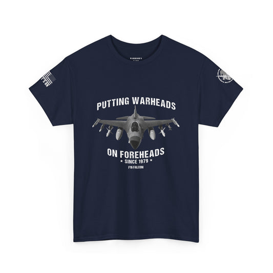 F-16 Falcon Heavy Cotton Tee Warheads on Foreheads Patriot Shirt - Dark